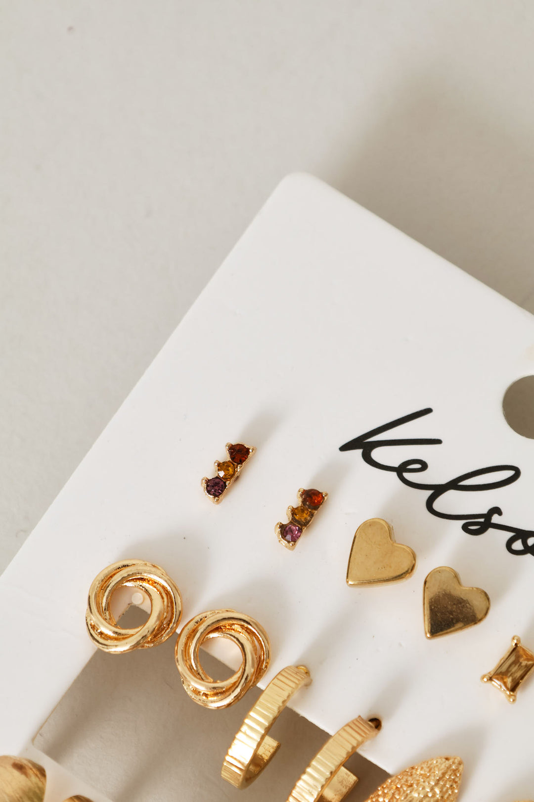 9 Pack Text & Gemstone Stud Hoop Earrings - Gold