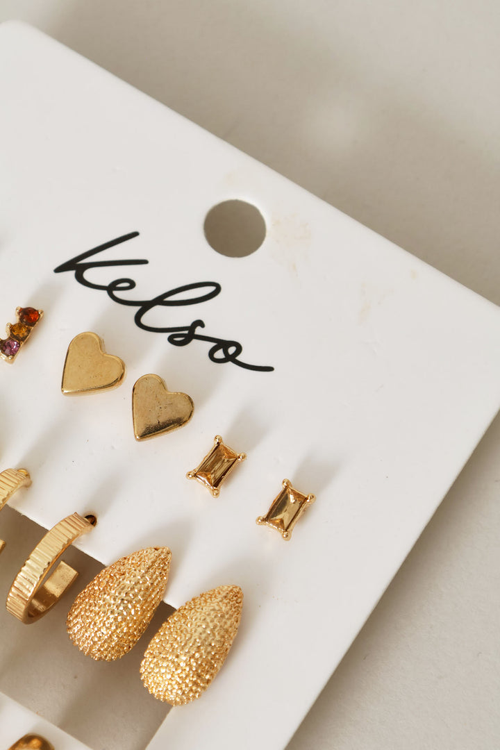 9 Pack Text & Gemstone Stud Hoop Earrings - Gold