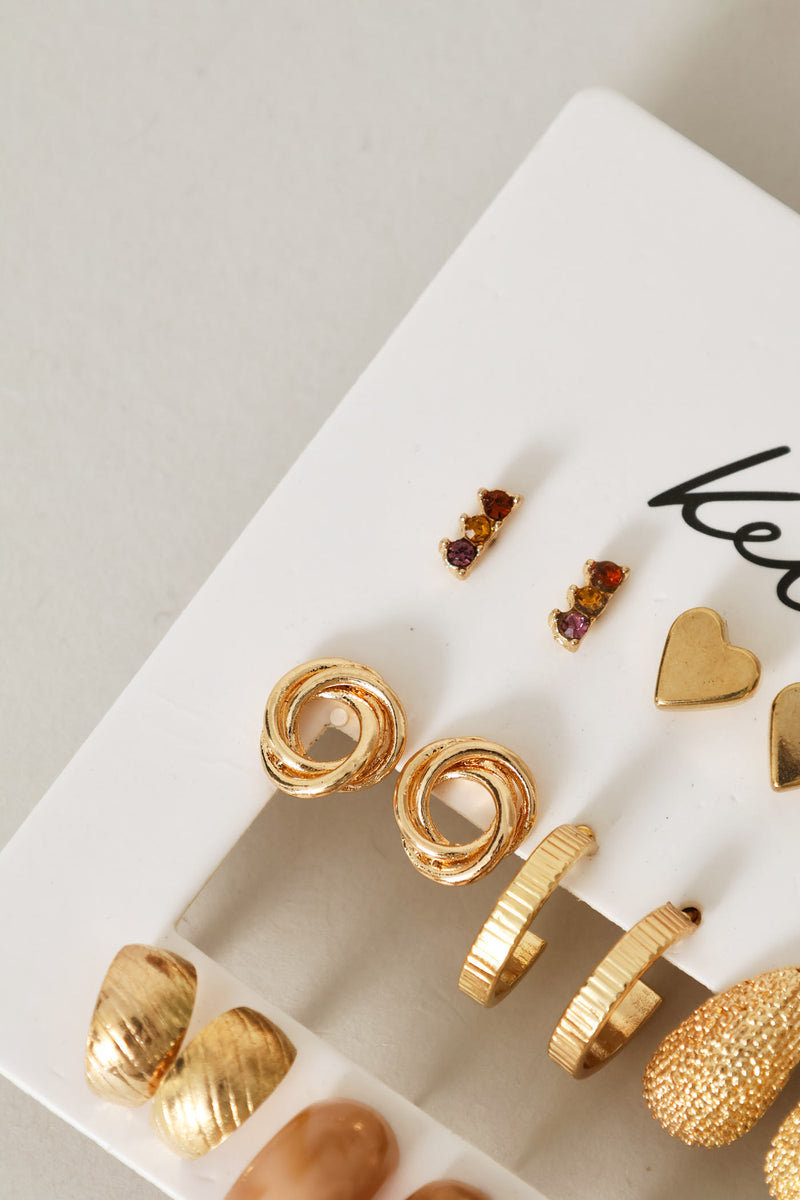 9 Pack Text & Gemstone Stud Hoop Earrings - Gold