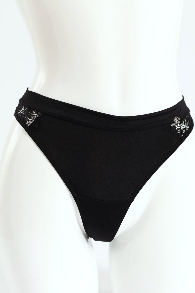 3 Pack Shiny Microfibre & Lace Thong Panties - Chai/Black/Rose
