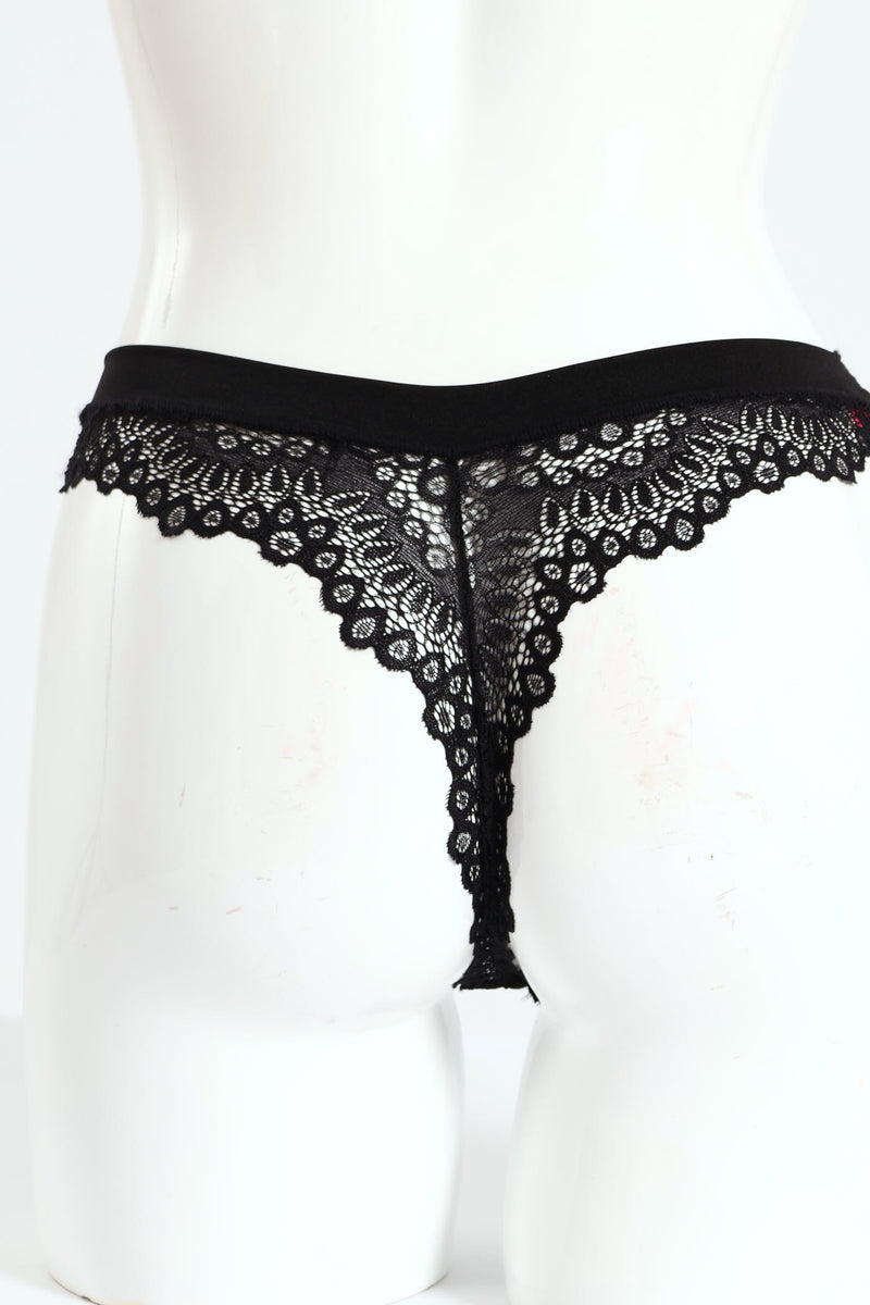 3 Pack Shiny Microfibre & Lace Thong Panties - Chai/Black/Rose