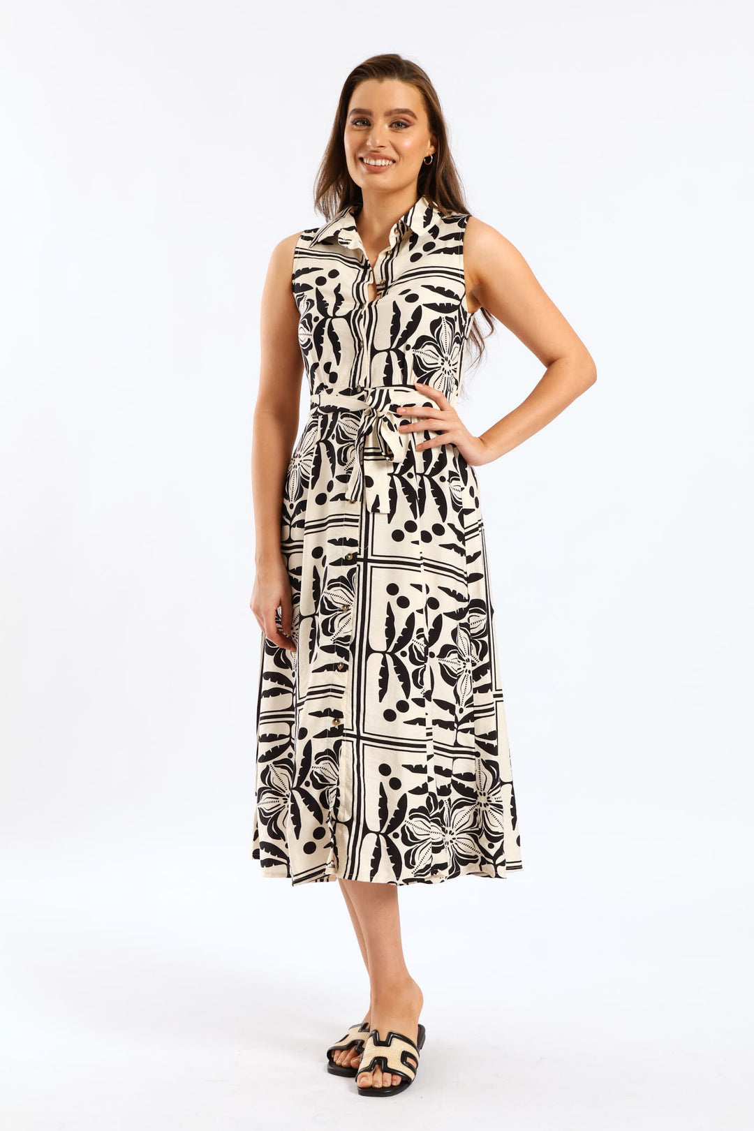 Fit & Flare Belted Midi Shirt Dress - Stone/Black