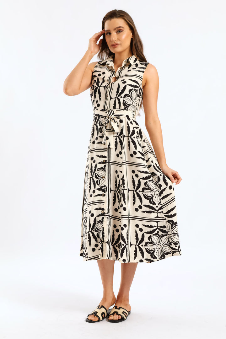 Fit & Flare Belted Midi Shirt Dress - Stone/Black