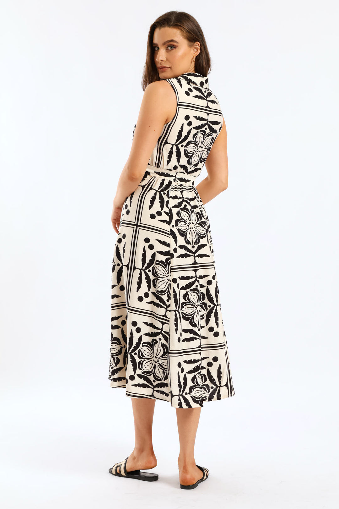 Fit & Flare Belted Midi Shirt Dress - Stone/Black