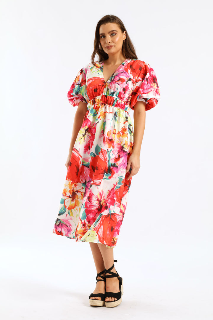 Bubble Sleeve V-Neck Tiered Midi Dress - Multi