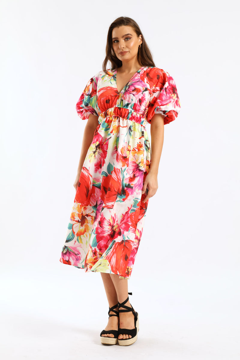 Bubble Sleeve V-Neck Tiered Midi Dress - Multi