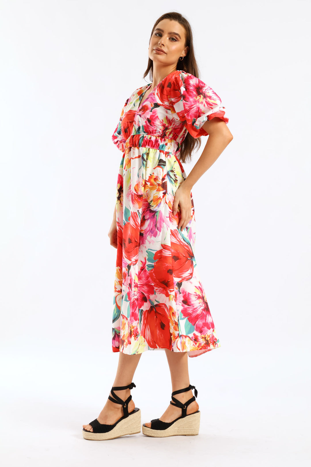 Bubble Sleeve V-Neck Tiered Midi Dress - Multi