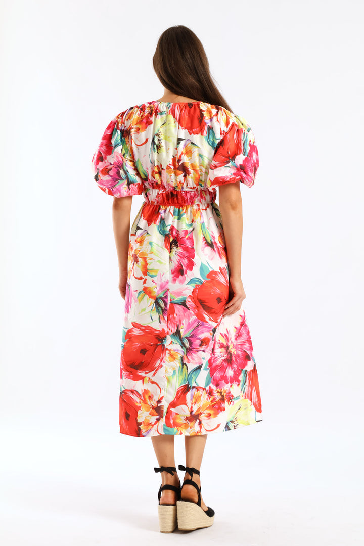 Bubble Sleeve V-Neck Tiered Midi Dress - Multi