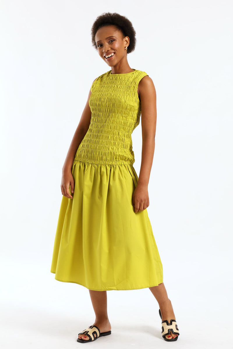 Hi-Neck Shirred Drop Waist Midaxi Dress - Chartreuse