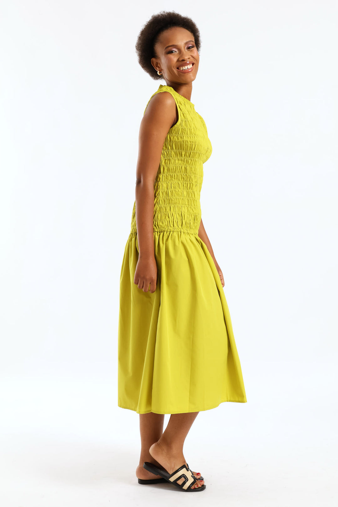 Hi-Neck Shirred Drop Waist Midaxi Dress - Chartreuse