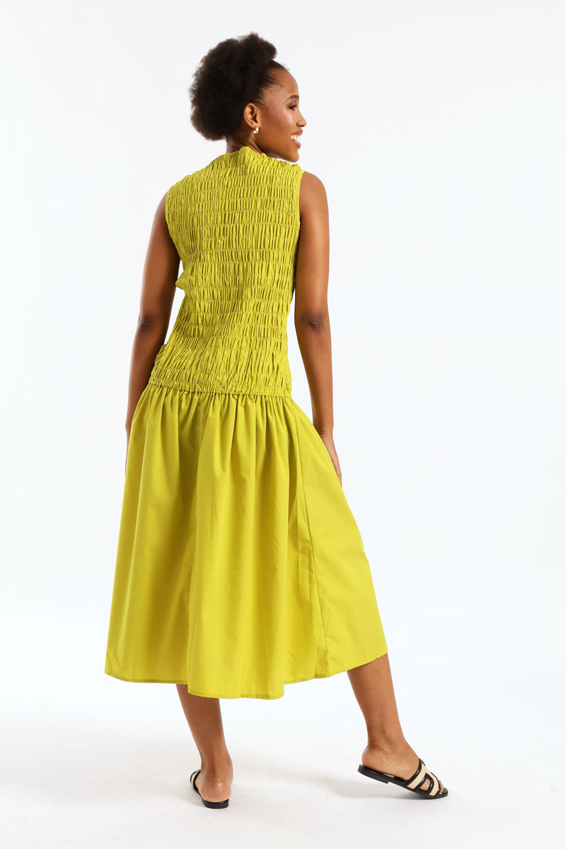 Hi-Neck Shirred Drop Waist Midaxi Dress - Chartreuse