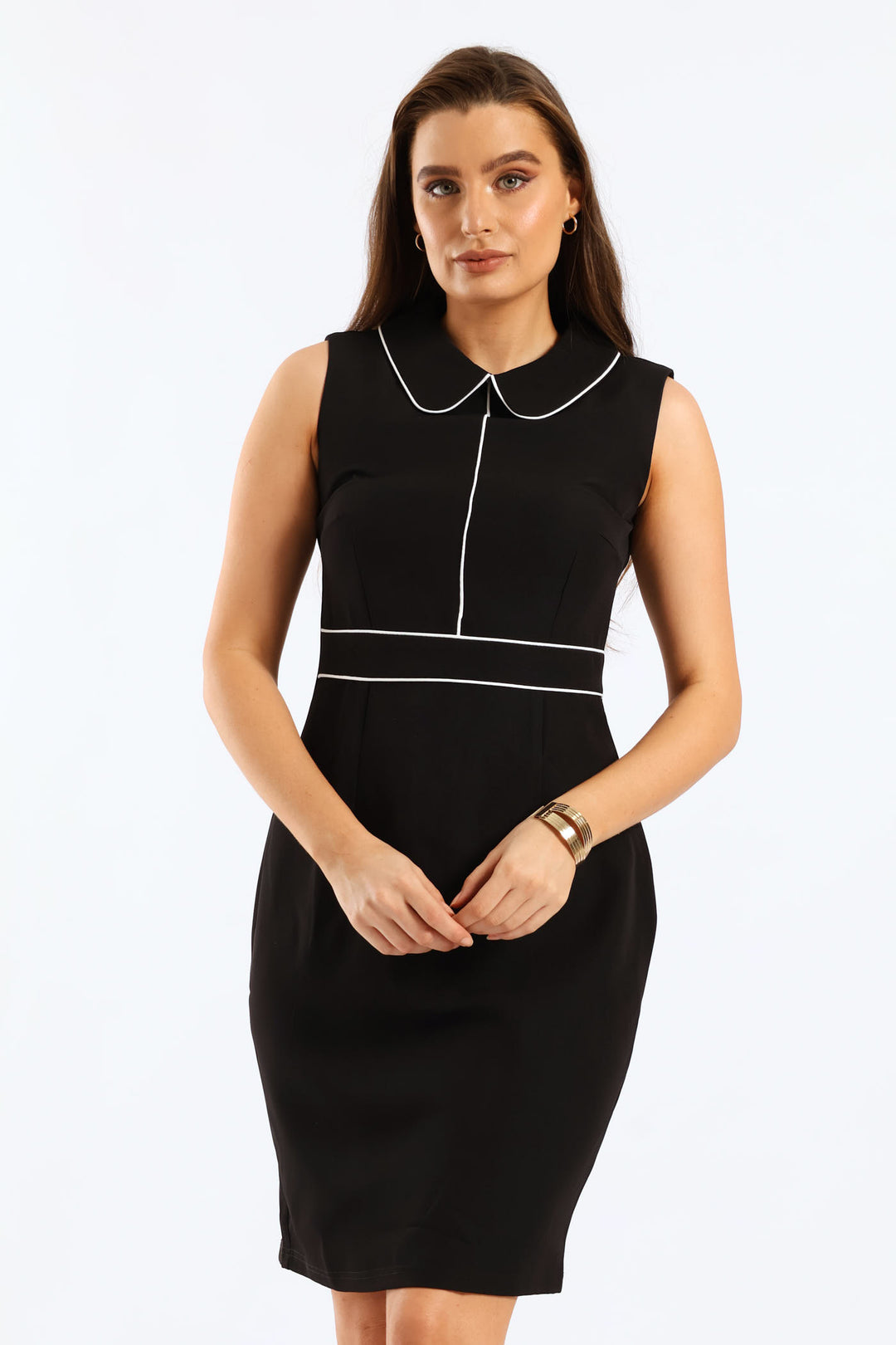 Collared Contrast Work Pencil Dress - Black