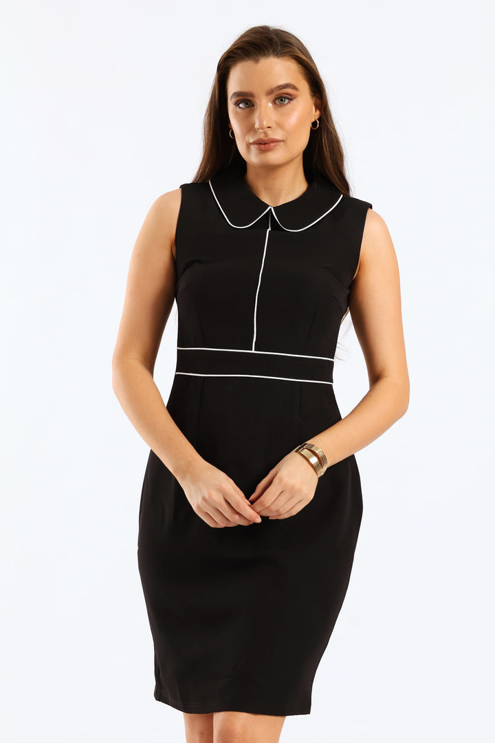 Collared Contrast Work Pencil Dress - Black
