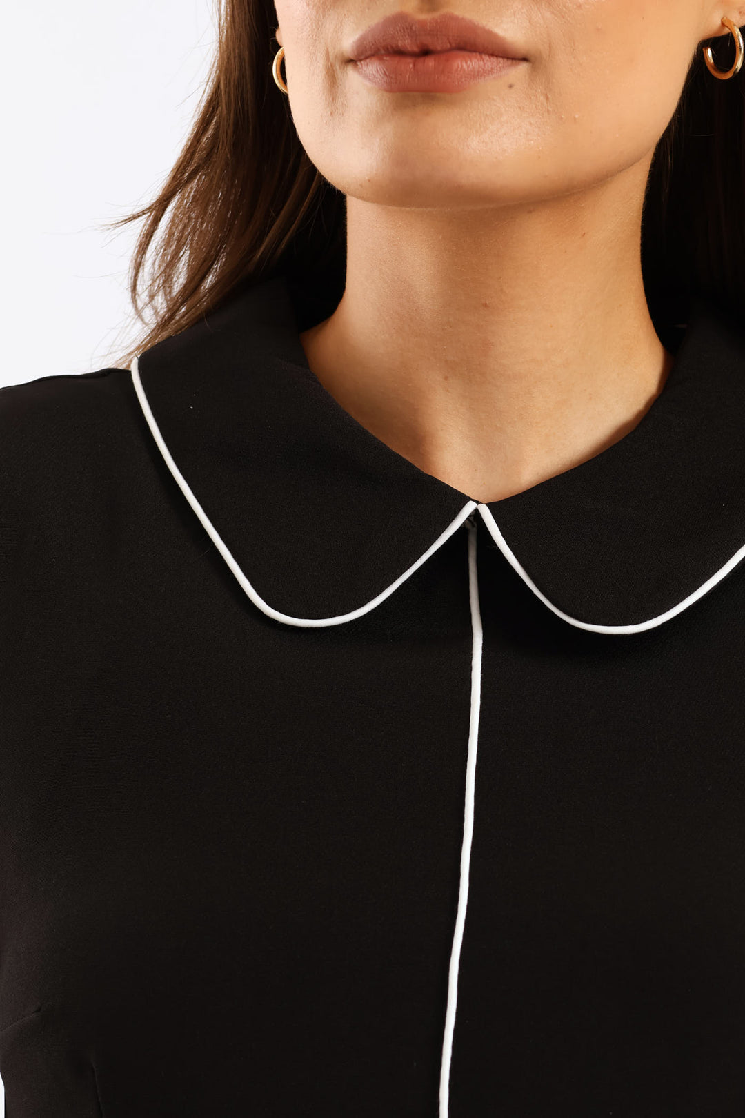 Collared Contrast Work Pencil Dress - Black