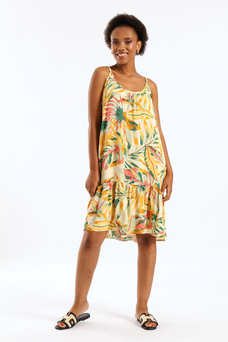 Strappy Peplum Hem Printed Mini Dress - White