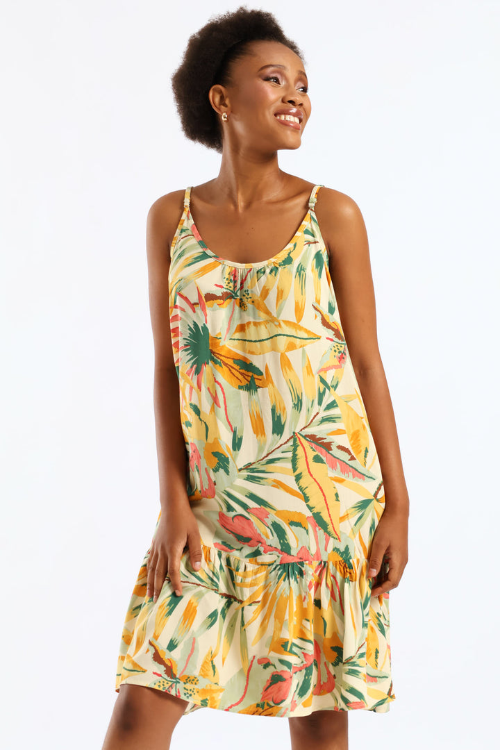 Strappy Peplum Hem Printed Mini Dress - White