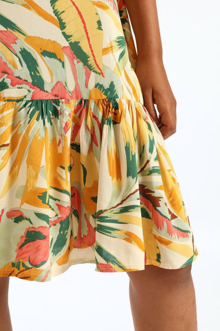 Strappy Peplum Hem Printed Mini Dress - White