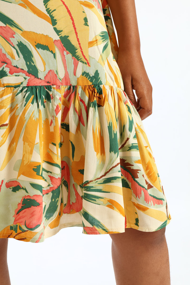 Strappy Peplum Hem Printed Mini Dress - White