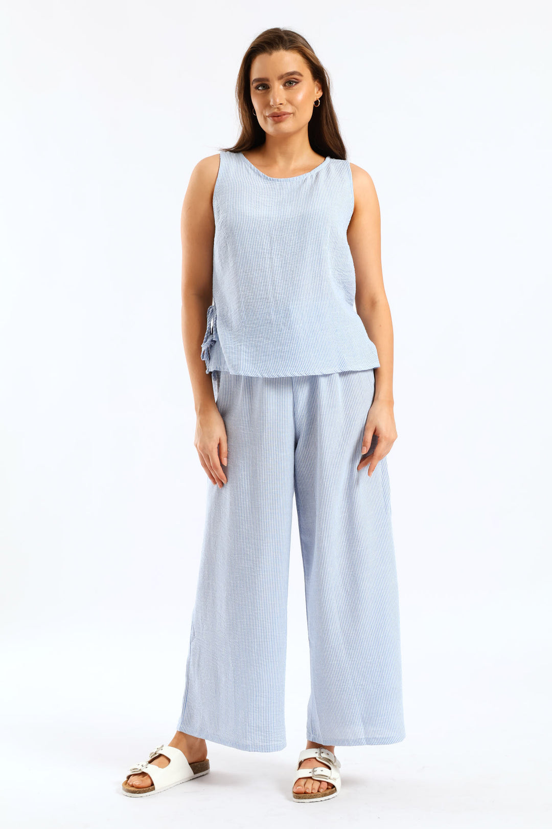 Side Tie Pinstripe Shell Tank - White/Light Blue