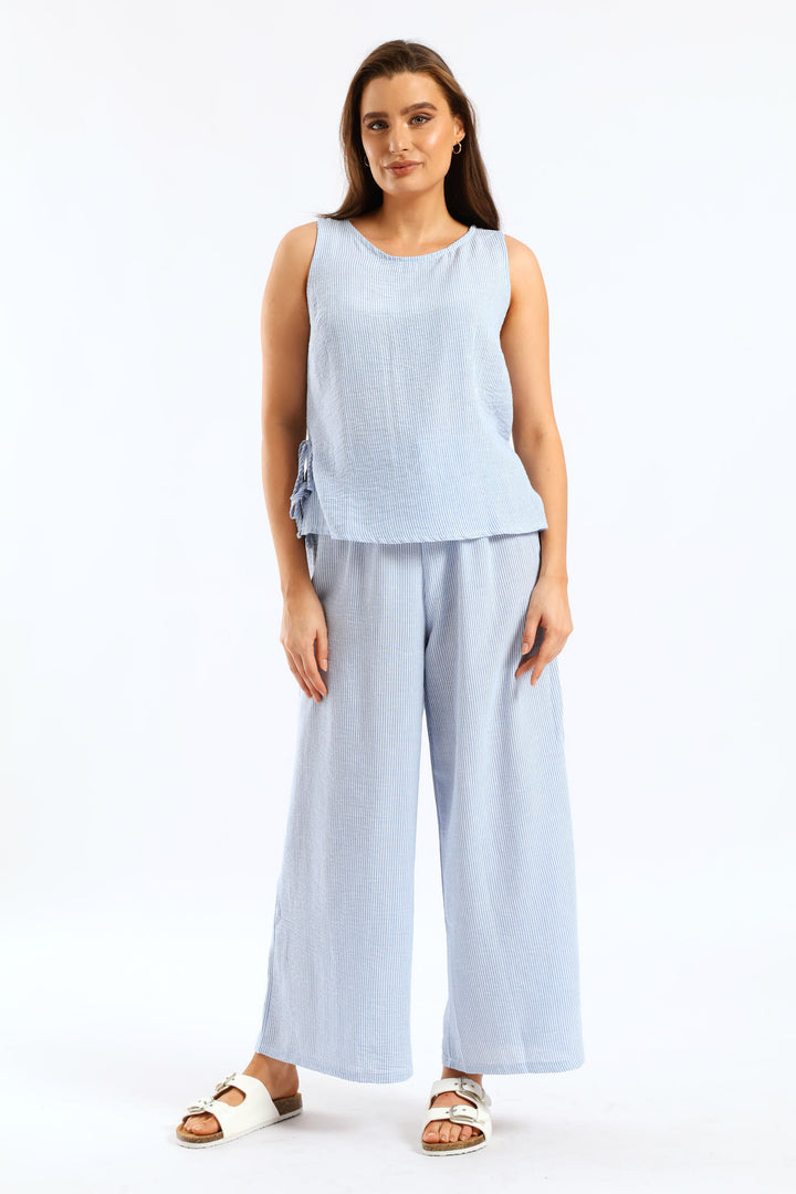 Side Tie Pinstripe Shell Tank - White/Light Blue