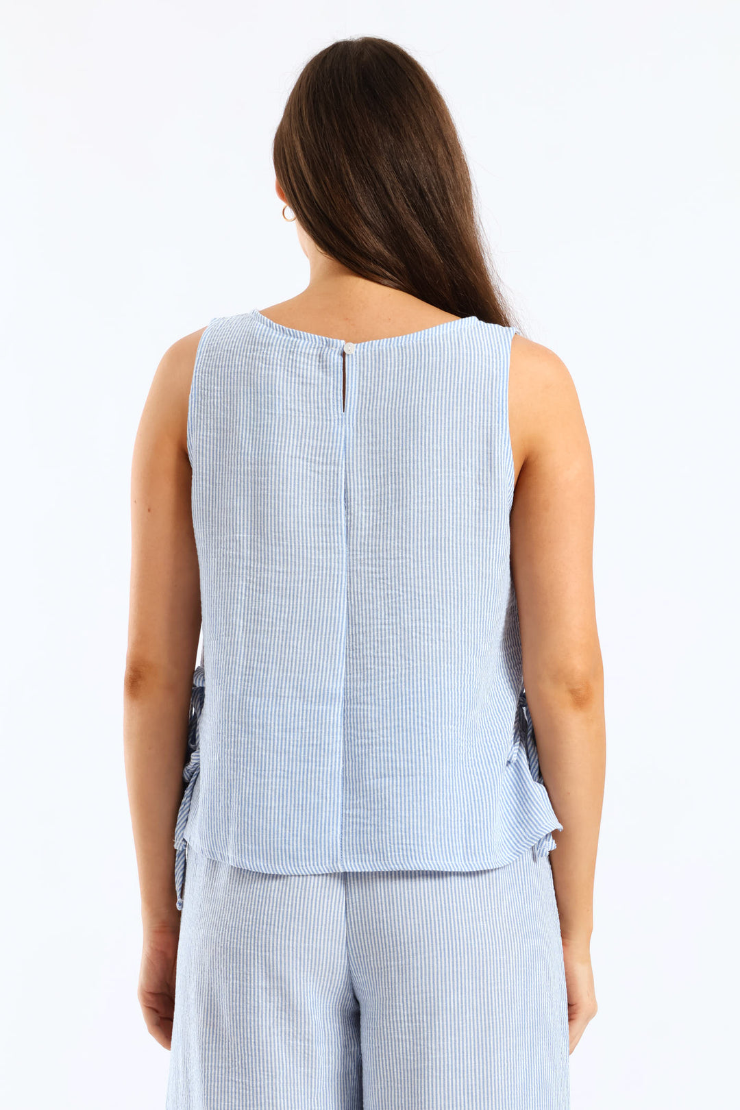 Side Tie Pinstripe Shell Tank - White/Light Blue