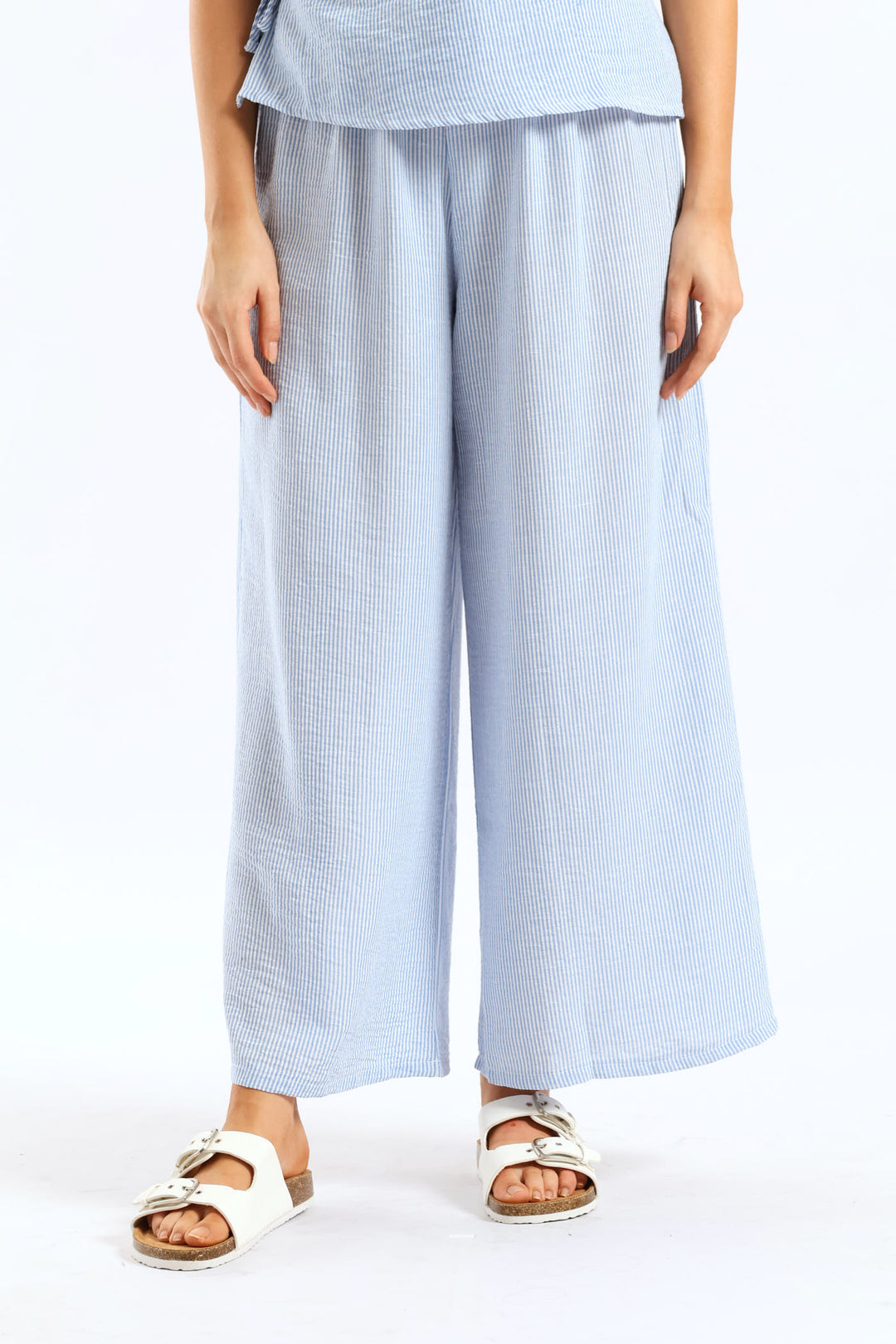 Pull-On Linen Wideleg Pants - White/Light Blue