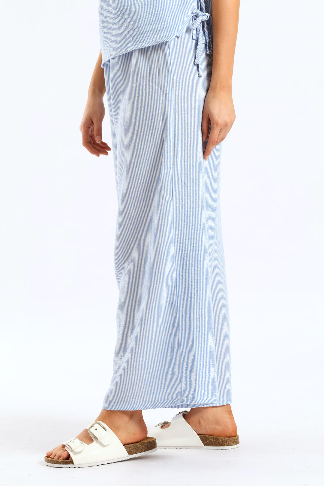 Pull-On Linen Wideleg Pants - White/Light Blue