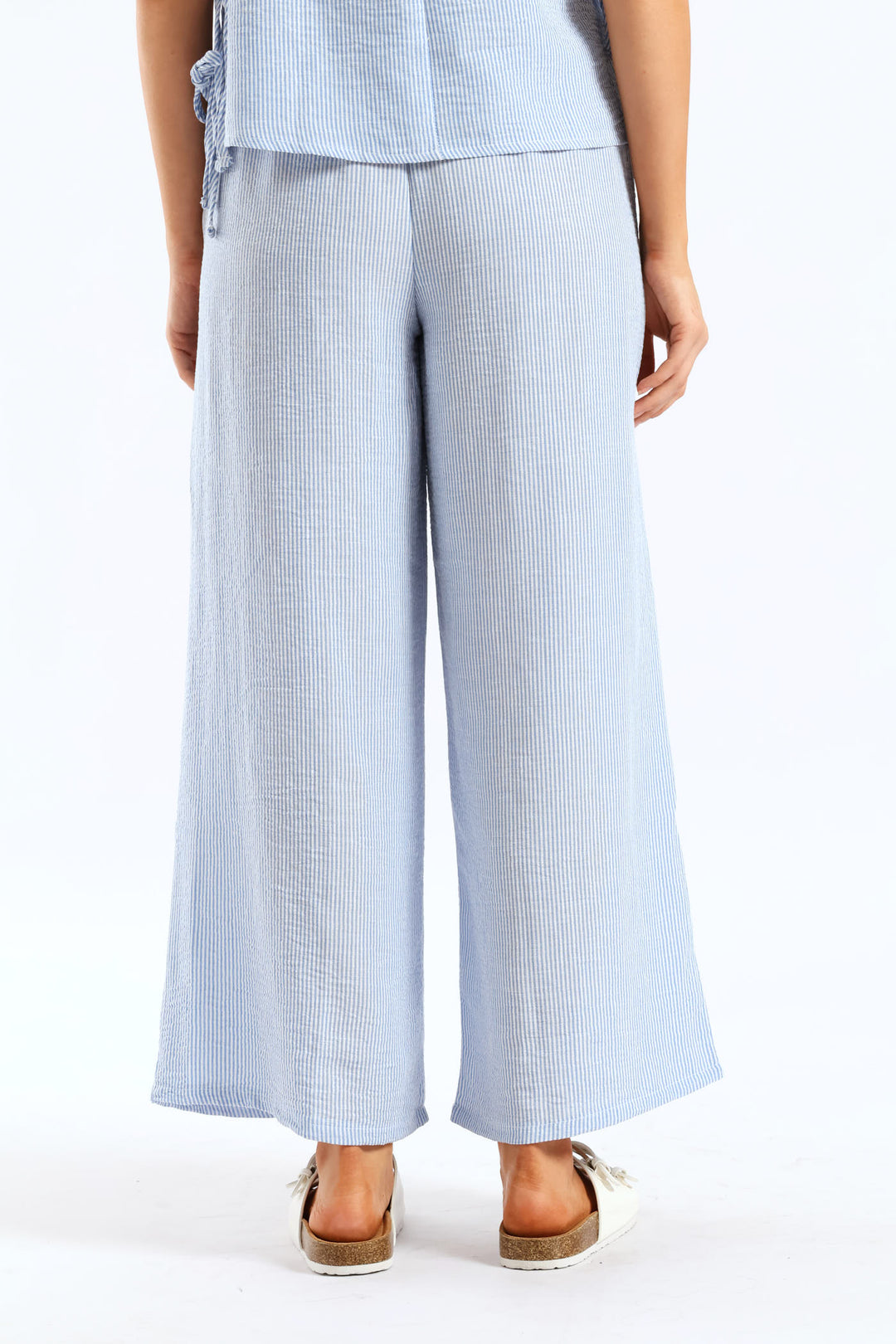 Pull-On Linen Wideleg Pants - White/Light Blue