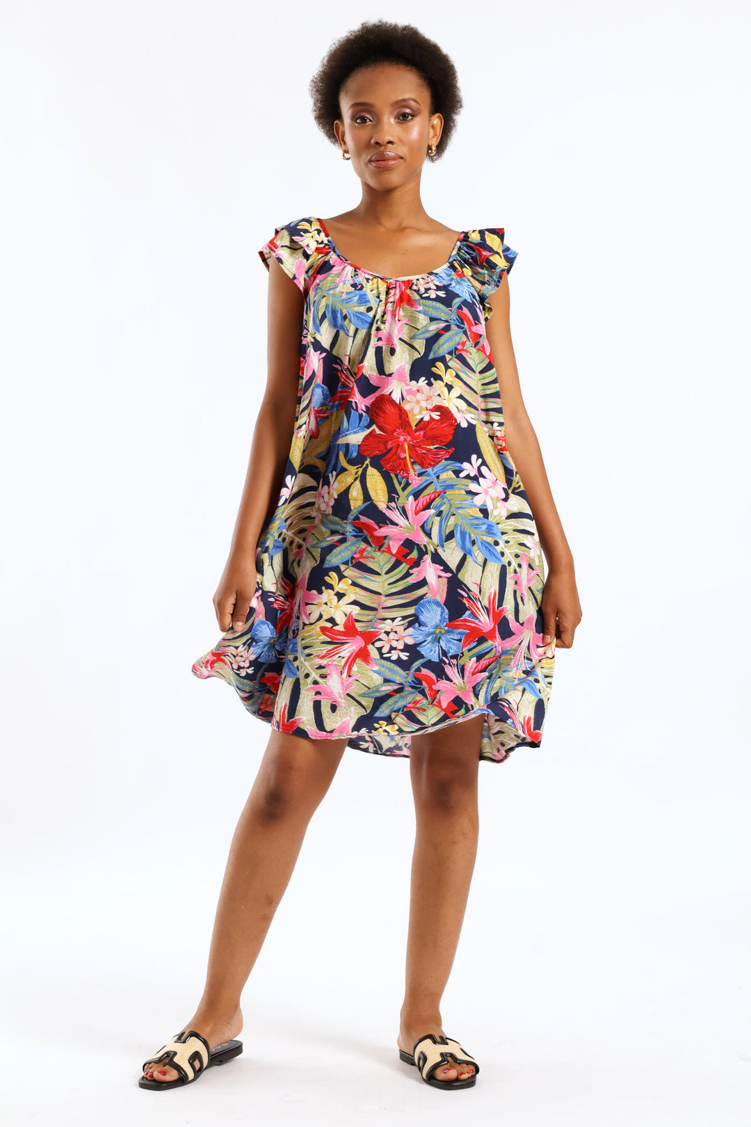 Double Frill Sleeve Babydoll Shift Mini Dress - Multi