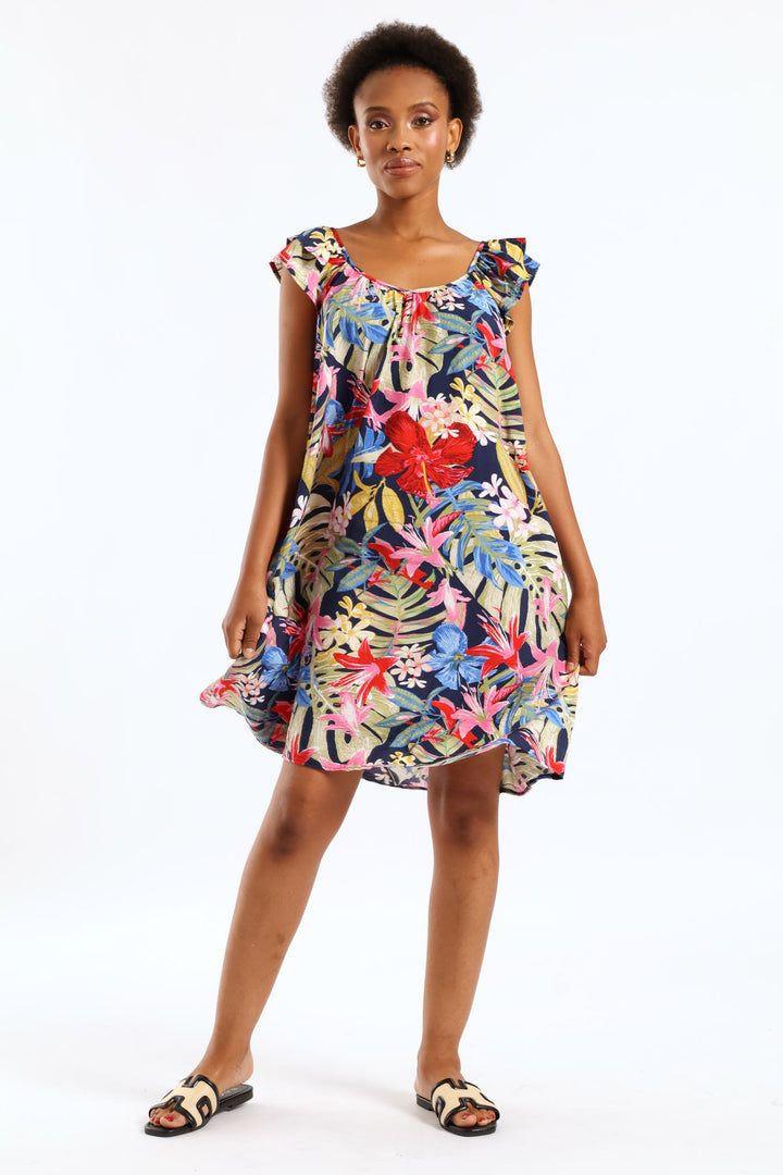 Double Frill Sleeve Babydoll Shift Mini Dress - Multi