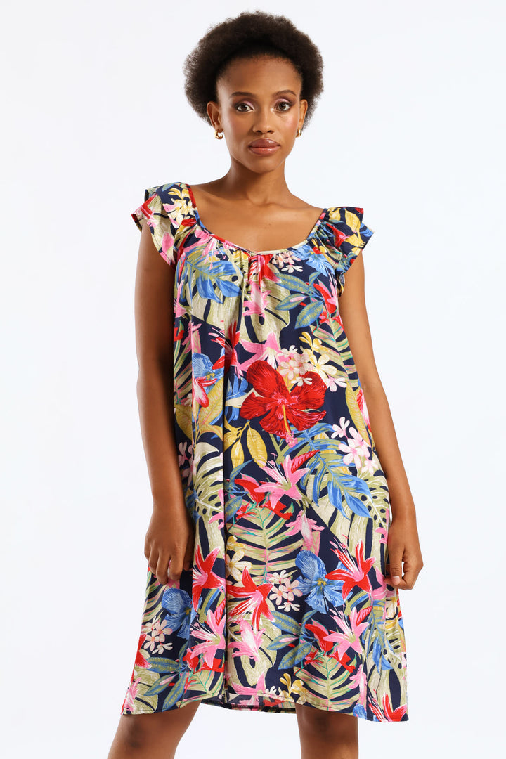 Double Frill Sleeve Babydoll Shift Mini Dress - Multi