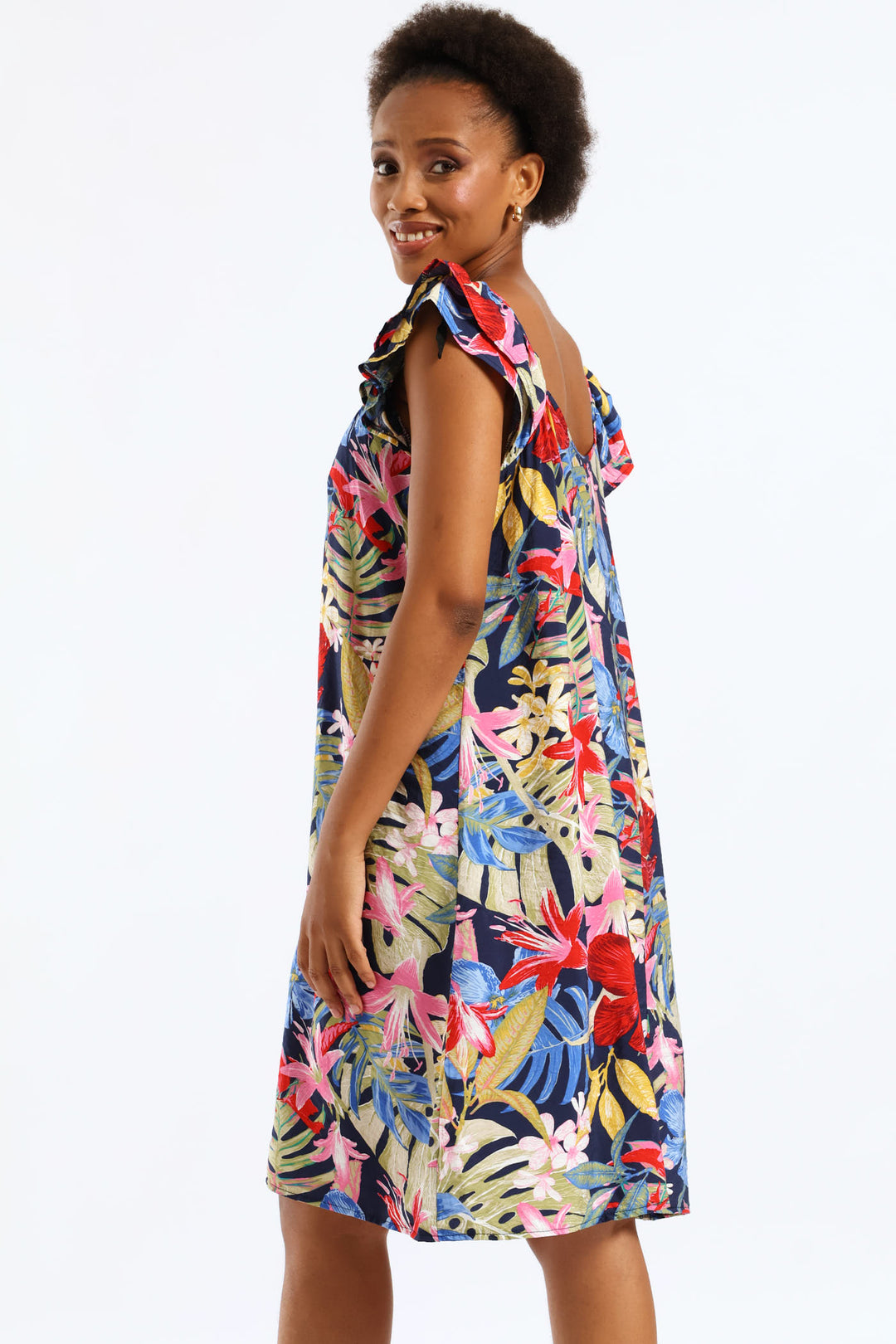 Double Frill Sleeve Babydoll Shift Mini Dress - Multi