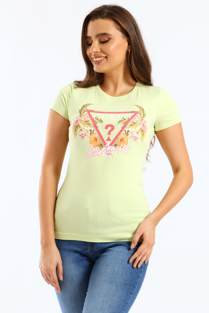 Short Sleeve Triangle Flowers Tee - Green