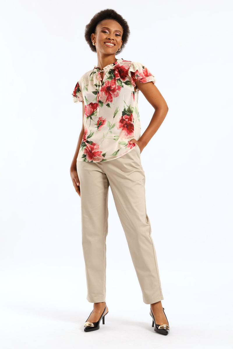 Tie Up Frill Neck Blouse - Cream