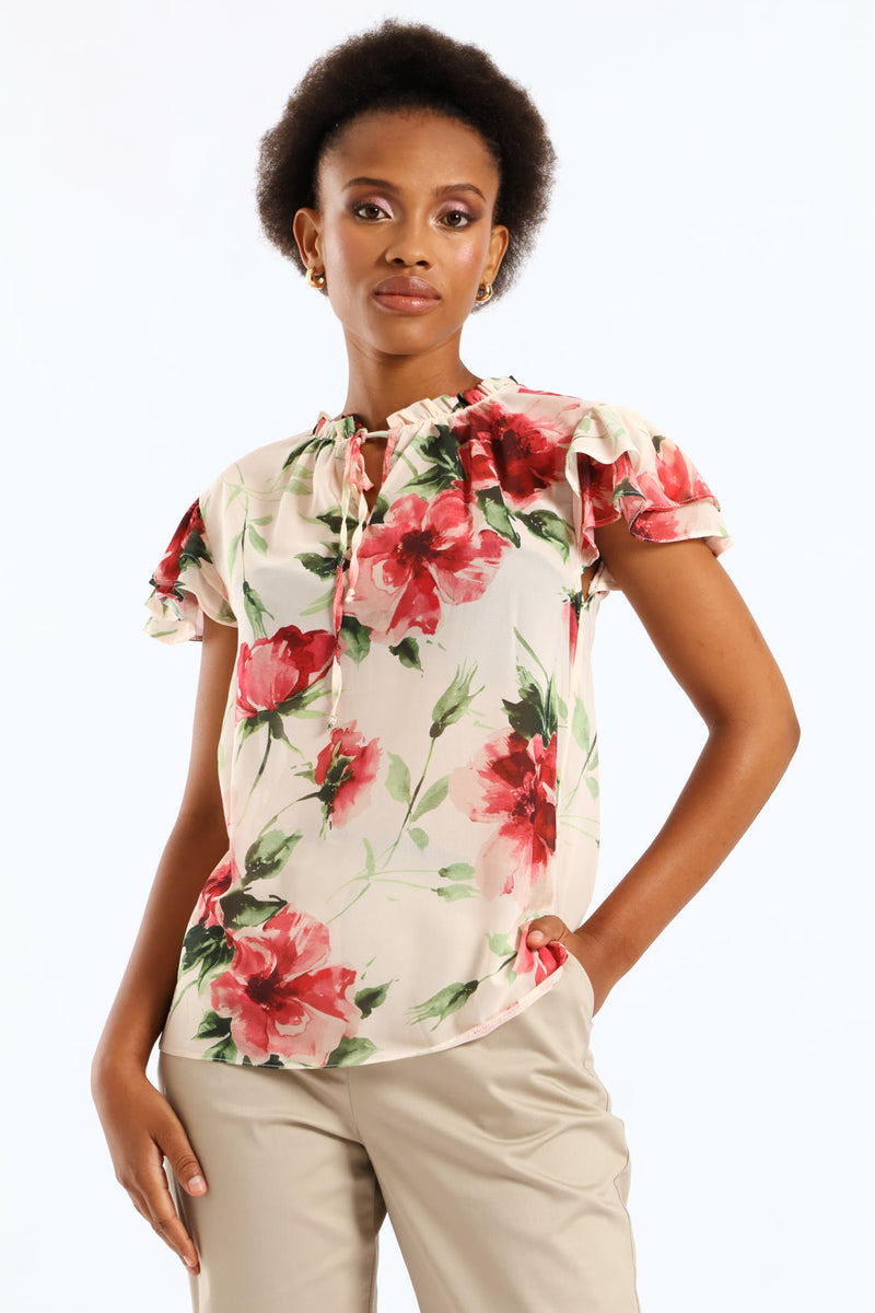 Tie Up Frill Neck Blouse - Cream