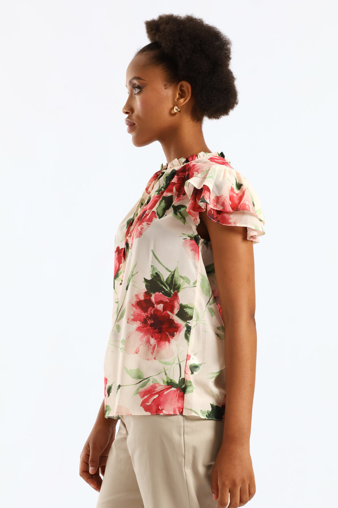 Tie Up Frill Neck Blouse - Cream