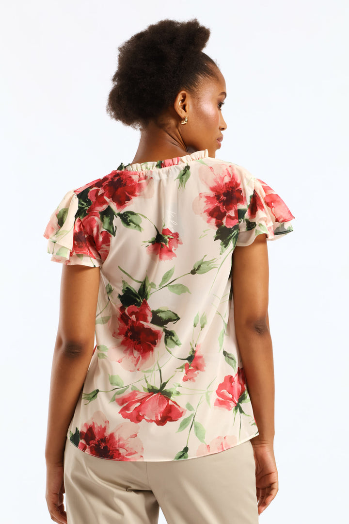 Tie Up Frill Neck Blouse - Cream