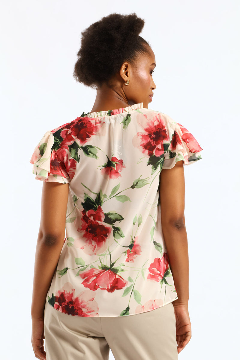 Tie Up Frill Neck Blouse - Cream