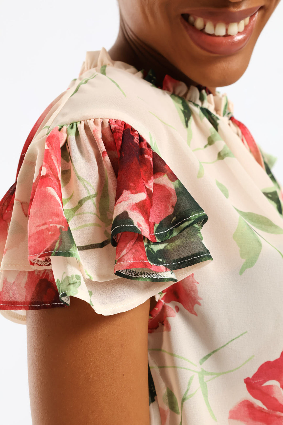 Tie Up Frill Neck Blouse - Cream