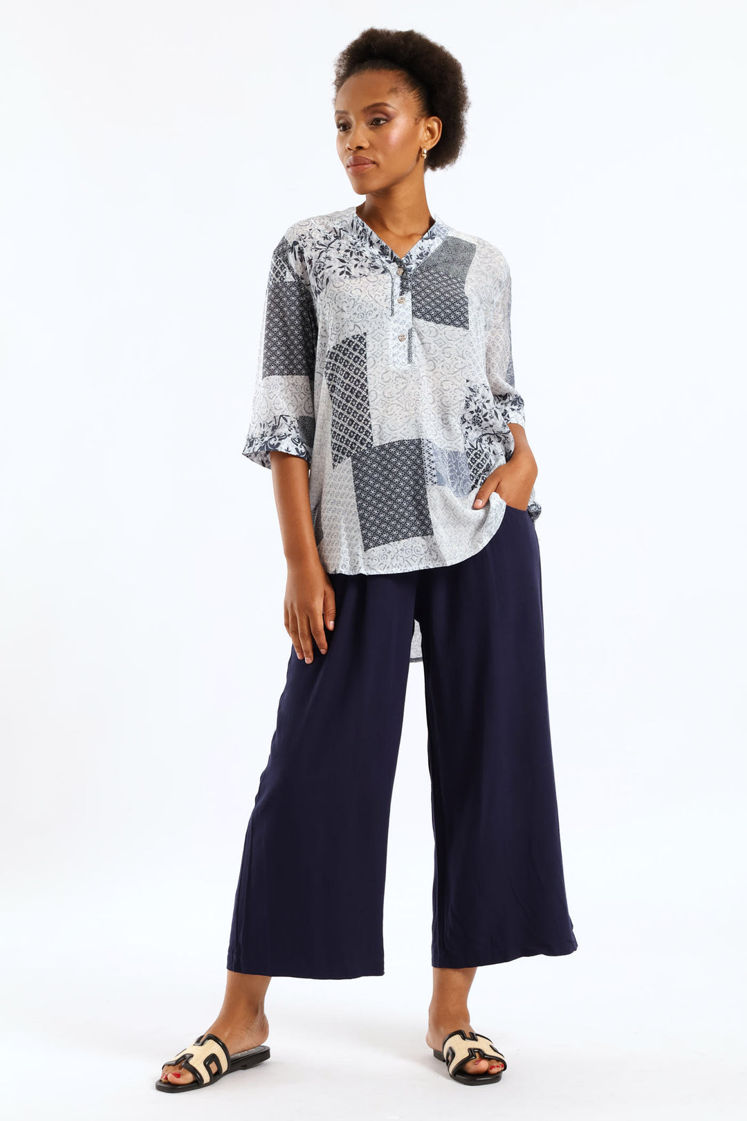Half Placket Half Sleeve Patchwork Sheer Blouse - Multi