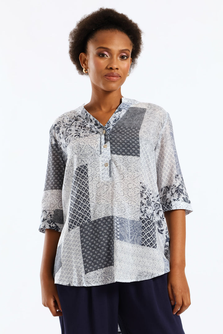 Half Placket Half Sleeve Patchwork Sheer Blouse - Multi