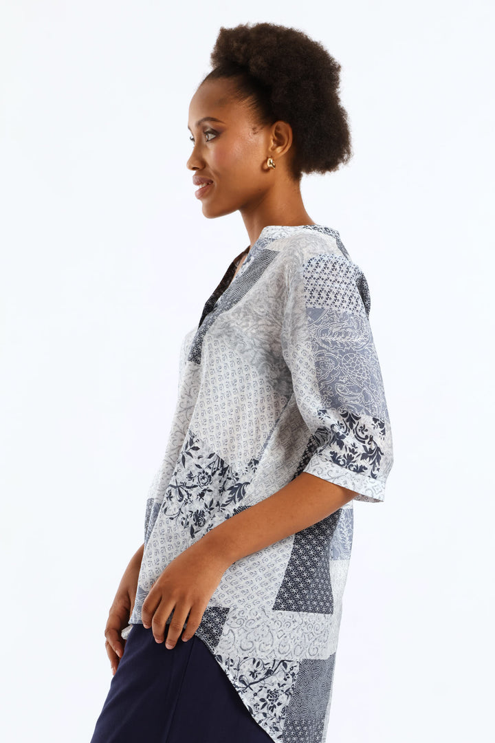 Half Placket Half Sleeve Patchwork Sheer Blouse - Multi