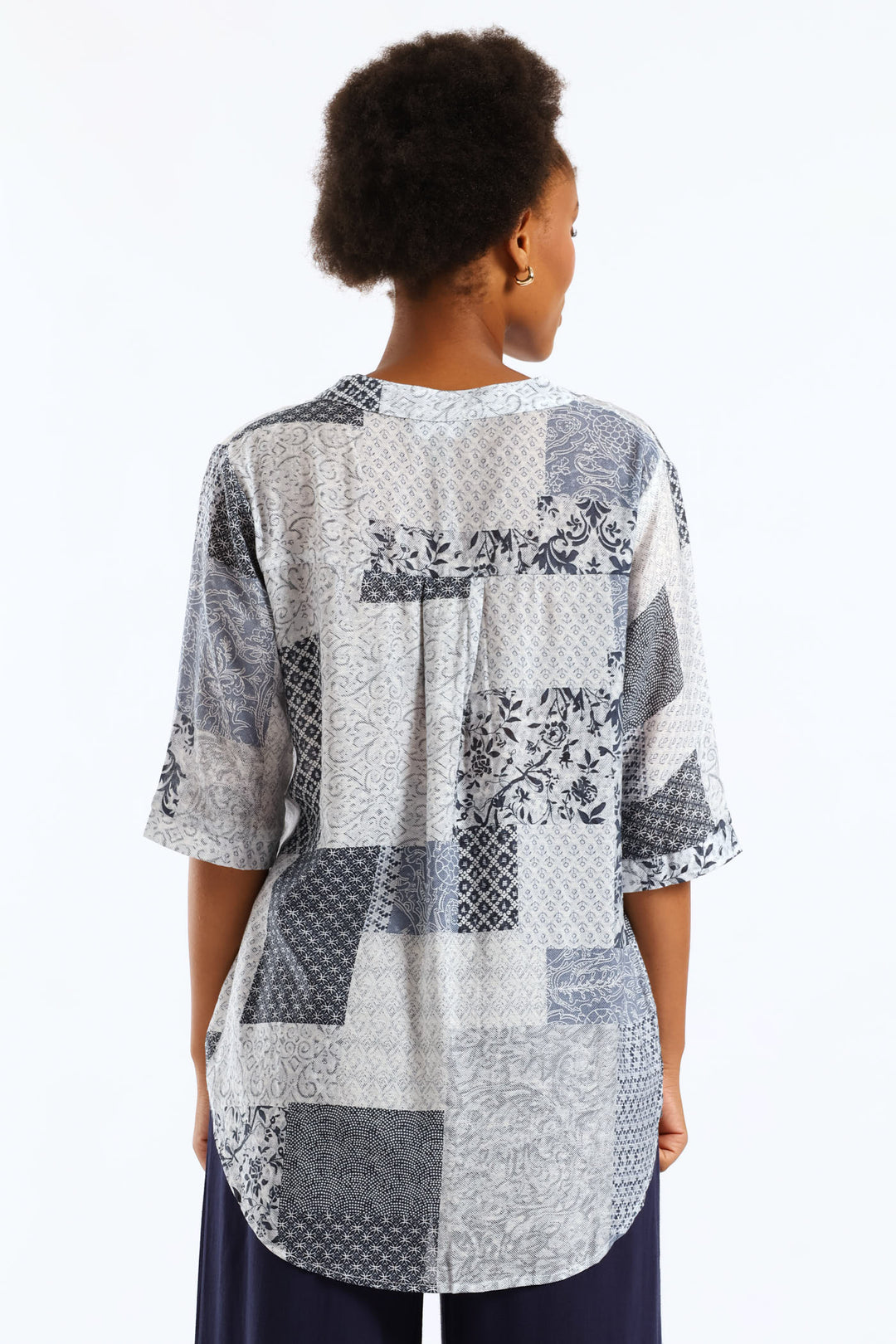 Half Placket Half Sleeve Patchwork Sheer Blouse - Multi