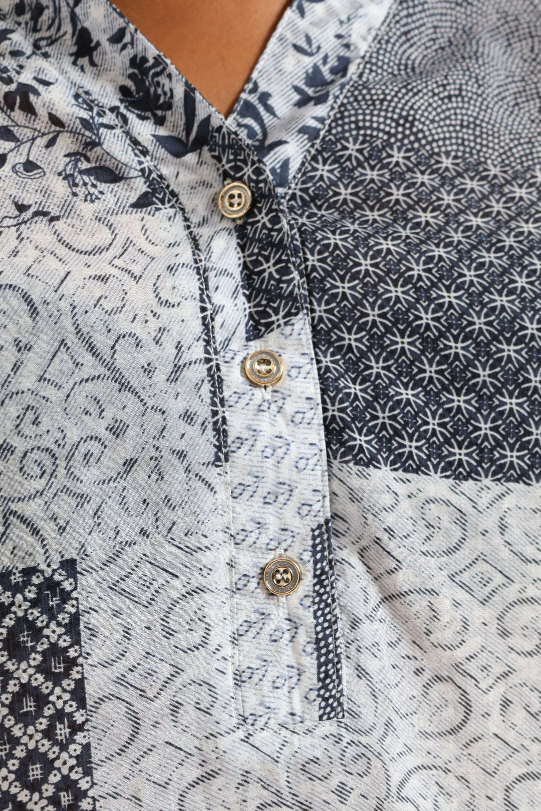 Half Placket Half Sleeve Patchwork Sheer Blouse - Multi