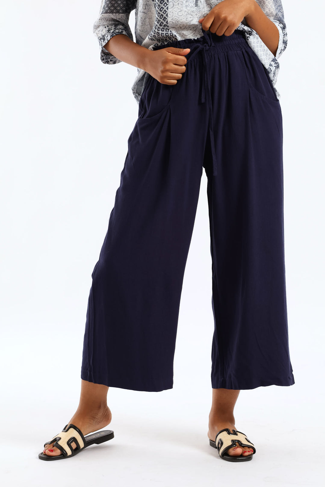 Ankle Length Tie Waist Pant - Navy