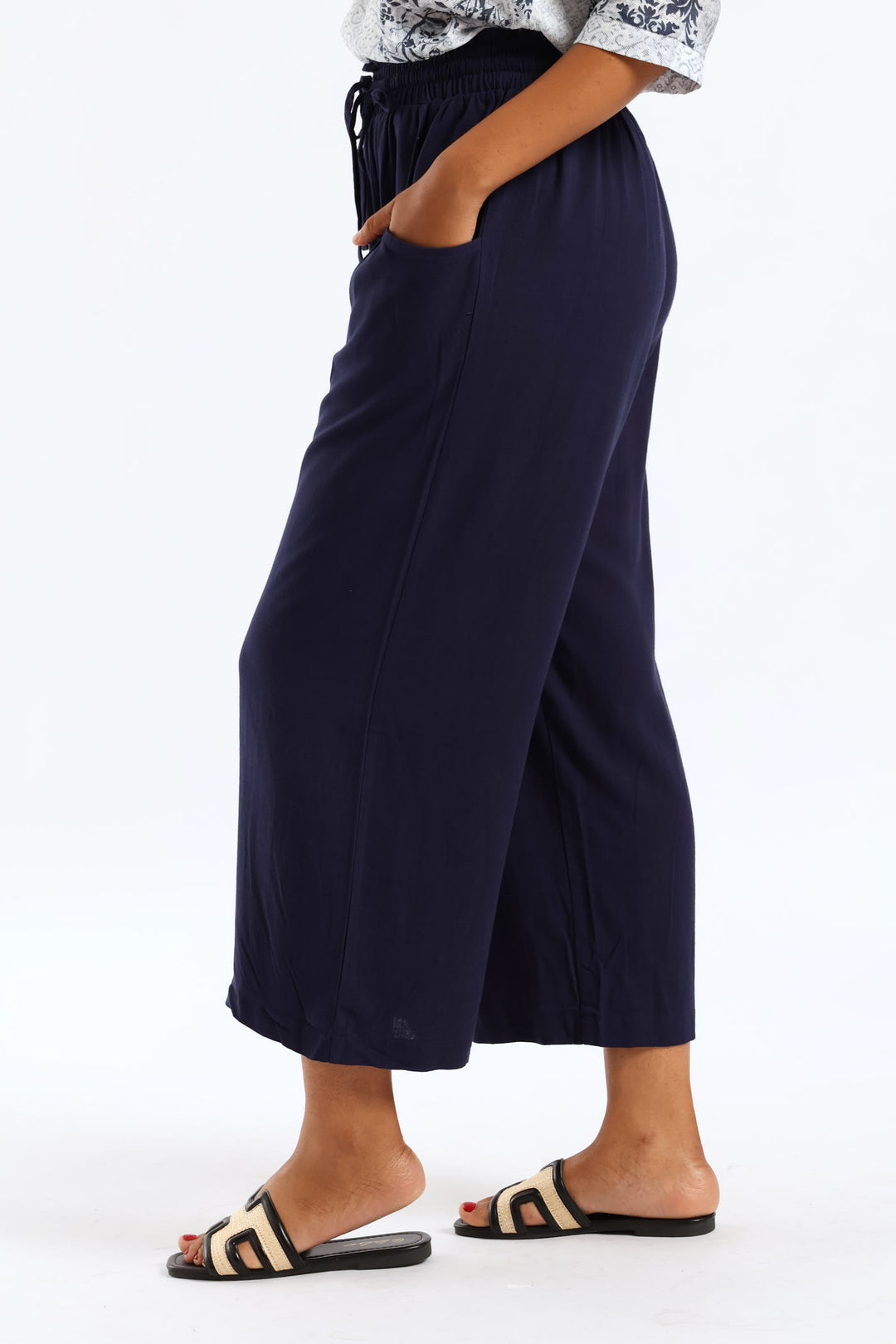Ankle Length Tie Waist Pant - Navy