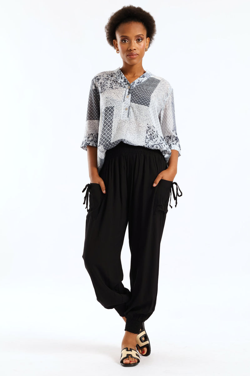 Tie Front Elasticated Harem Pant - Black