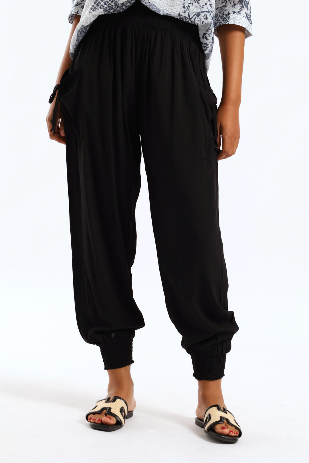 Tie Front Elasticated Harem Pant - Black