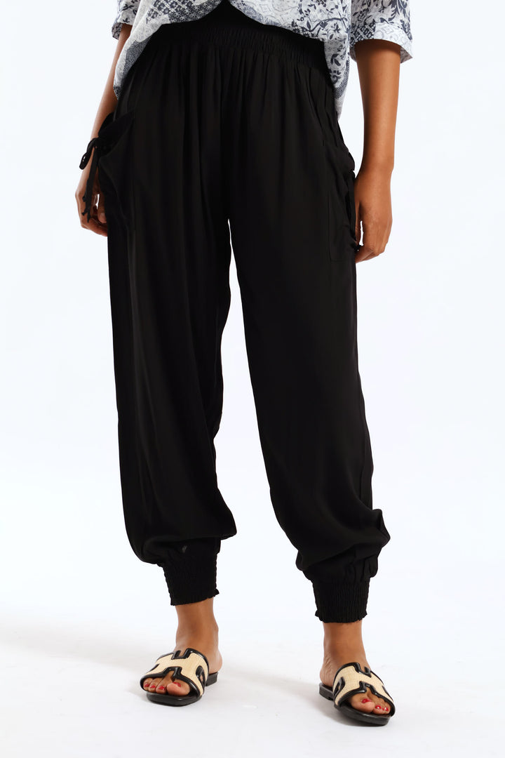 Tie Front Elasticated Harem Pant - Black