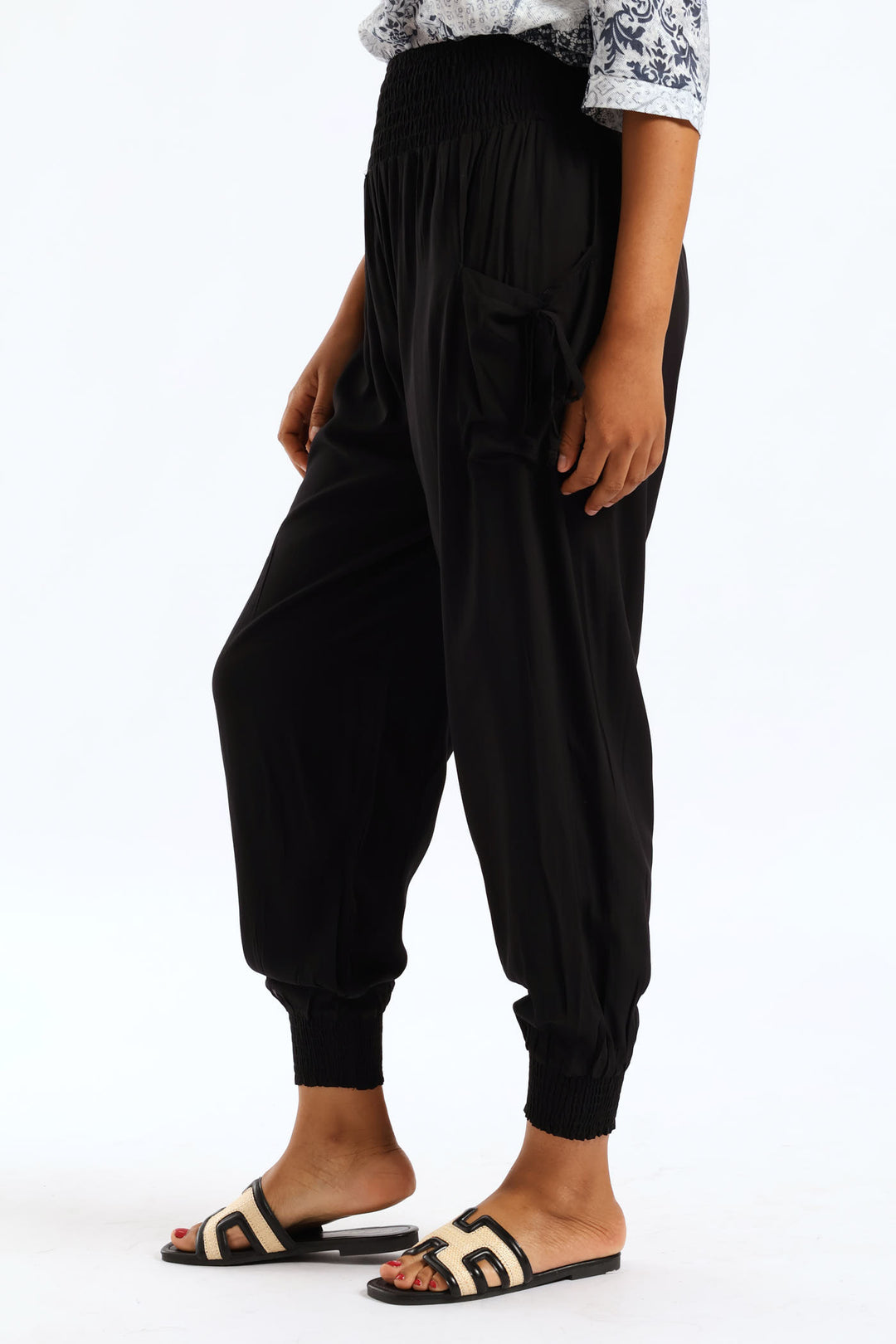Tie Front Elasticated Harem Pant - Black